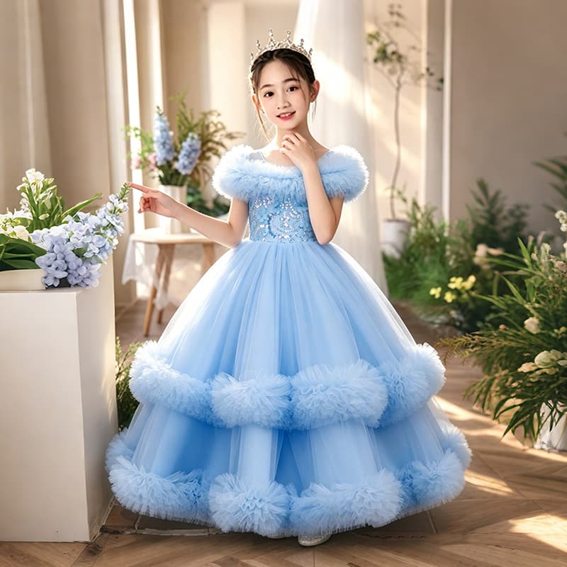 Girl's Birthday Performance Tutu Long Dress European and American Style Children's Wedding Gown One-Shoulder Satin Mesh Lace Dress