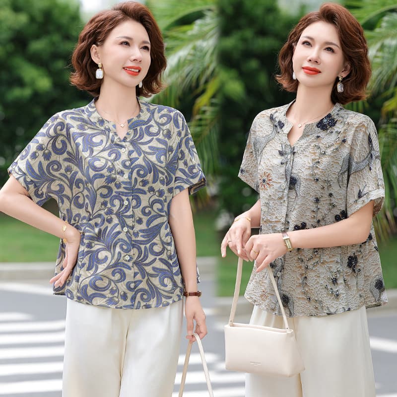 Fashionable Mom Summer Short-Sleeve Shirt, Lady Casual Top, Middle-Aged and Elderly Women's Summer Grandma Blouse
