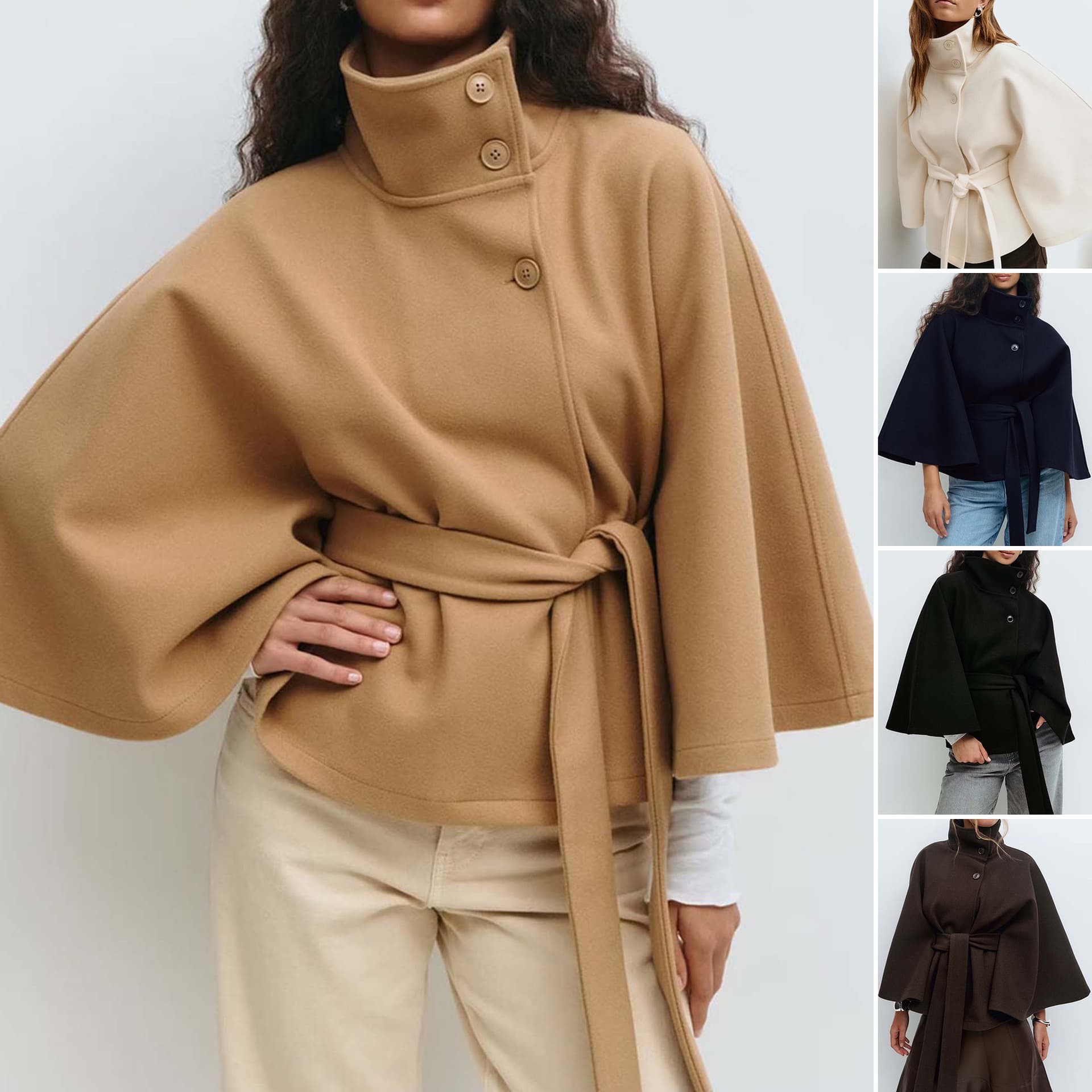 European & American Women's Wear Autumn/Winter New Amazon Cross-Border Fashion Solid Color Cape Stand Collar Button Belted Windbreaker Coat
