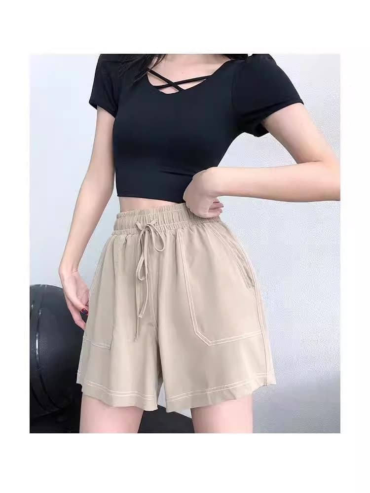3D Casual Yoga Pants Women's High Waist Pocket Sports Shorts Rolled Hem Fitness Running Shorts