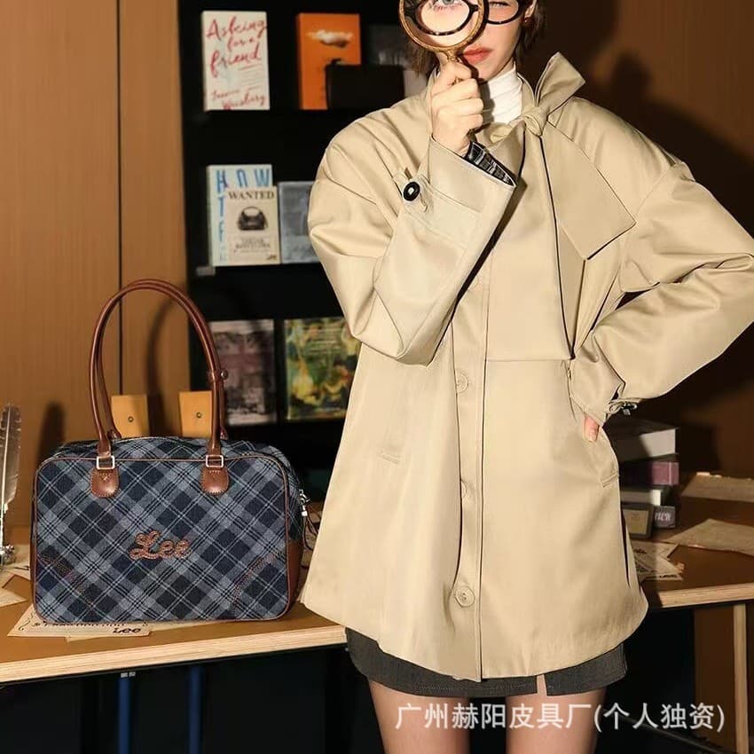 Lee Retro Denim Plaid Boston Bag, Large-Capacity Portable Pillow Bag, Commuter All-Match Women's Handbag