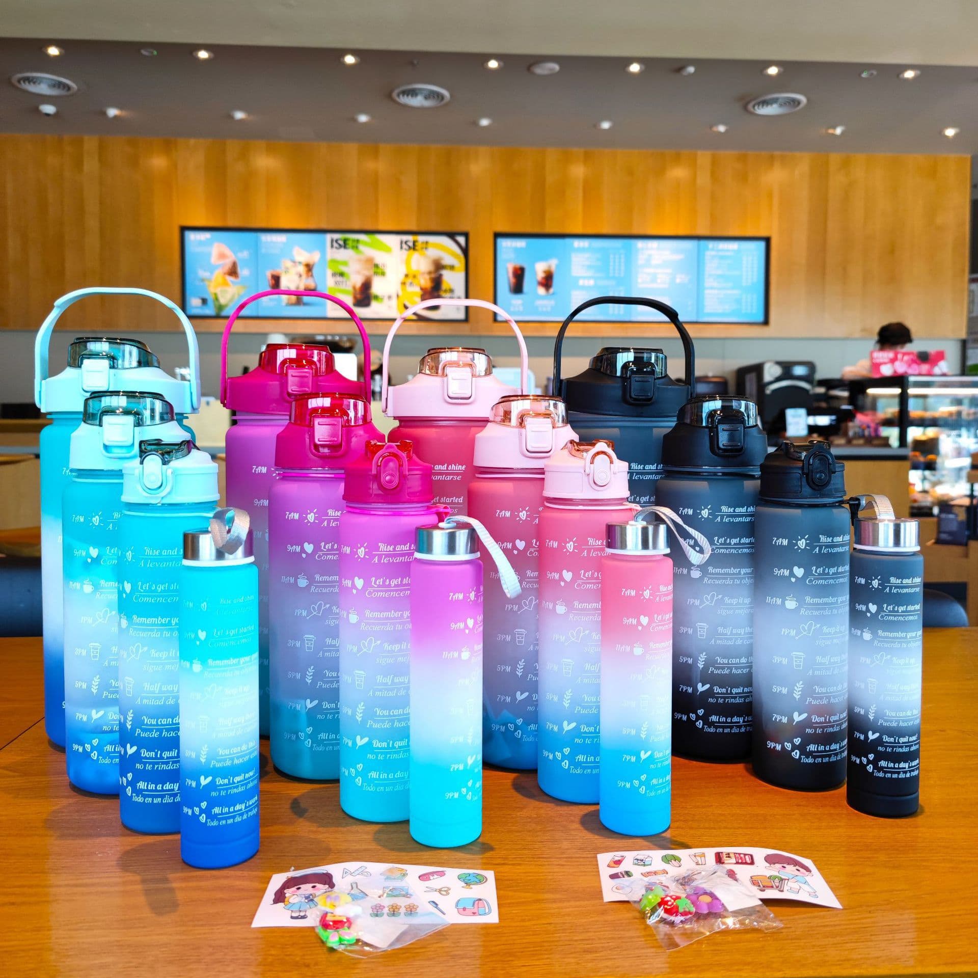 New Cross-Border Outdoor Sports Water Bottle Large Capacity Portable Plastic Jug Gradient Color Three or Four Piece Set Plastic Cup