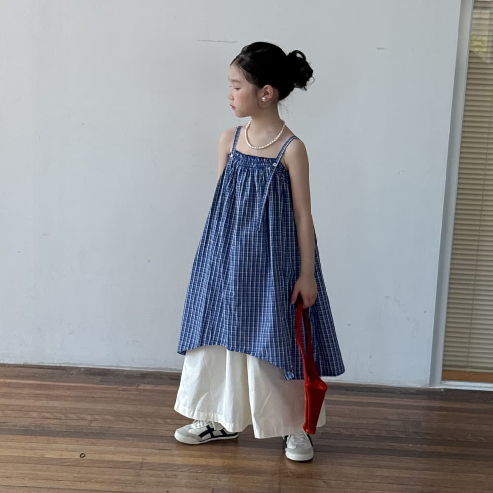 2026 Summer Girls' Korean Style Small Plaid Slip Dress, Casual Loose Sleeveless Dress for Children, Mo Xiao Meng