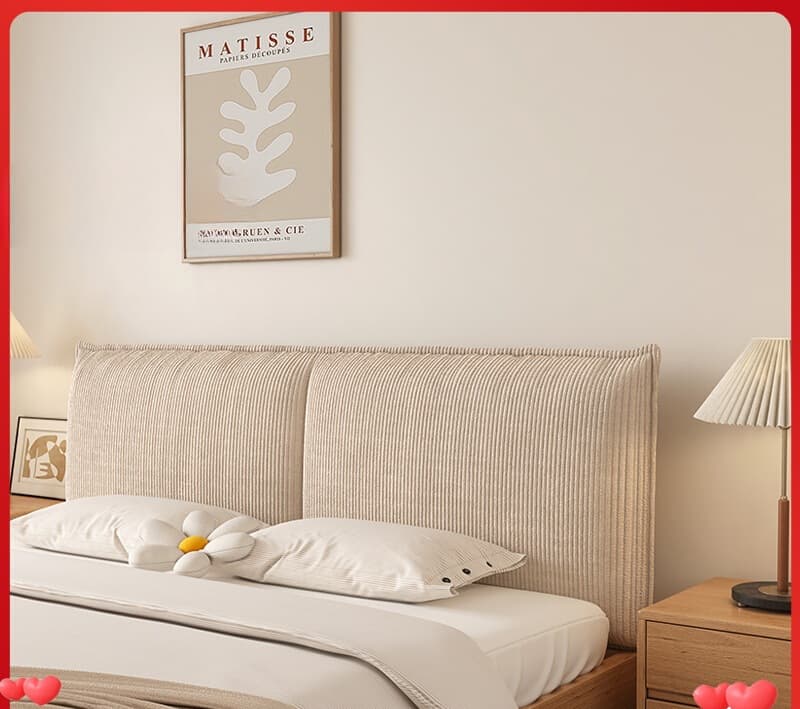 Upholstered headboard cushion with large corduroy backrest. Self-adhesive, washable headboard cushion/pillow.
