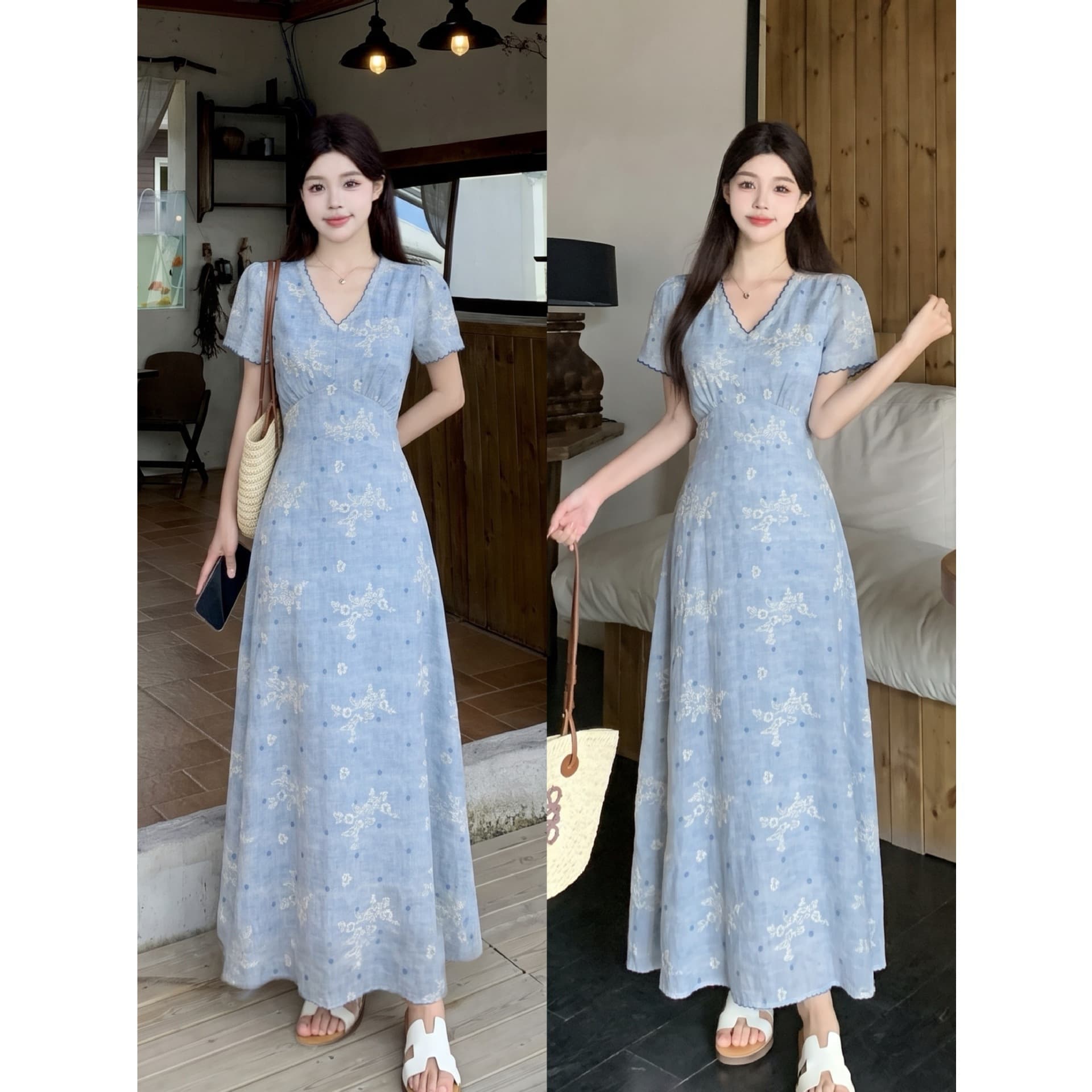Plus size fat girl French summer gentle wind broken ice blue tone waist slimming retro embroidered short-sleeved dress for women