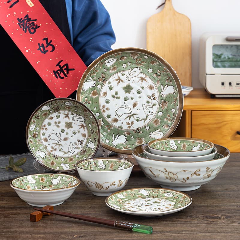Japanese Import Yugu Kiln Jade Rabbit Series Tableware, Underglaze Color Japanese-Style Bowls and Plates, Ceramic Bowls, Fresh and Cute