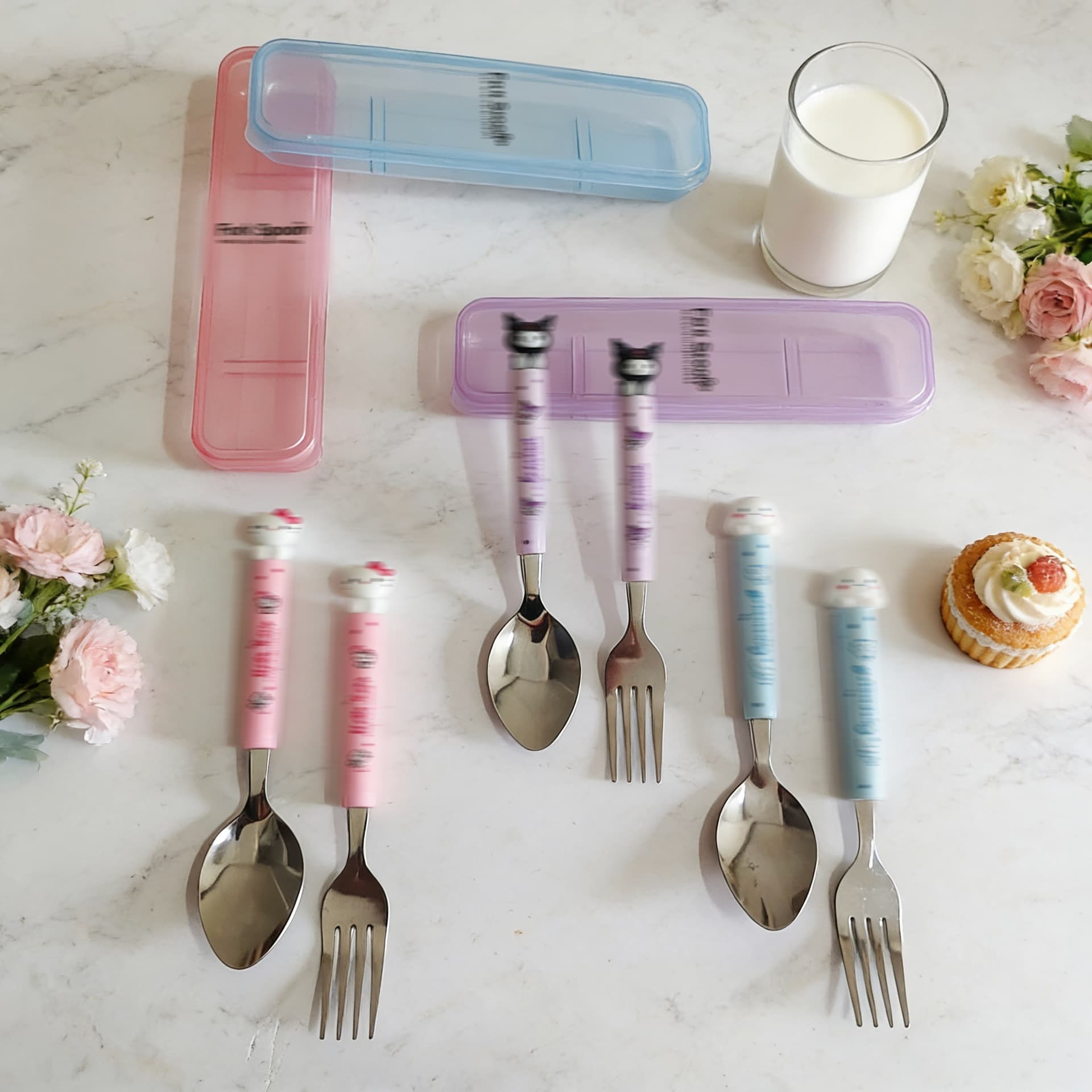 Stainless steel portable tableware set cute three-piece cartoon high-looking student tableware spoon fork chopsticks