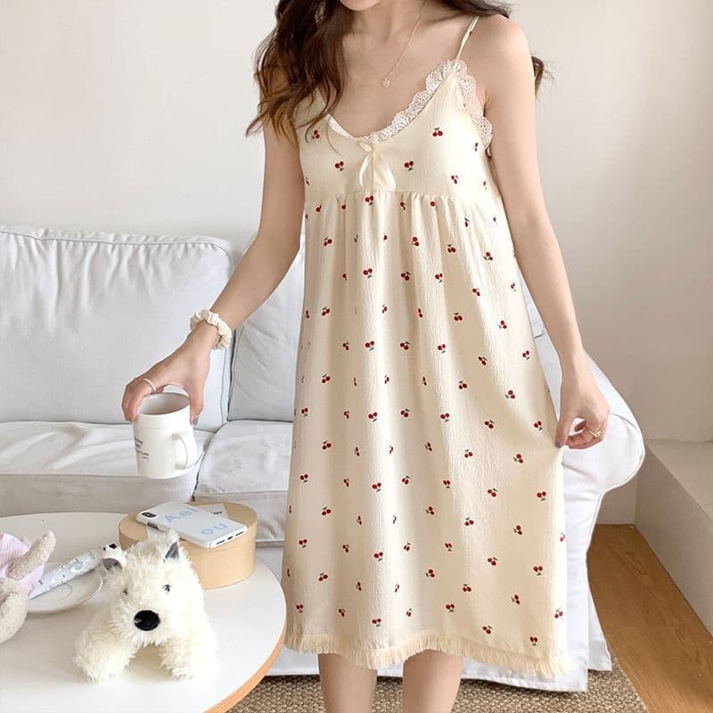 Women's Summer Nightdress Sweet Sling Chest Pad Woven Cotton Pajamas Loose Thin Home Wear Spring and Autumn