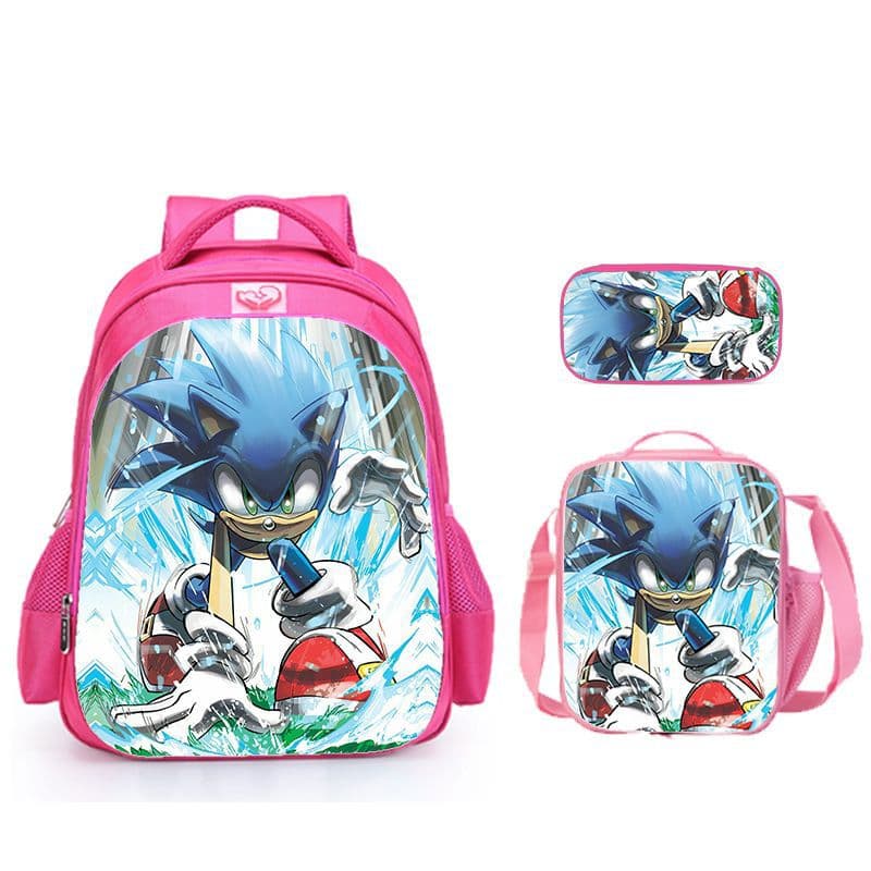 Hot-Selling Three-Piece Set for Export - School Bag + Meal Bag + Pencil Case - Sonic Same Style Peripheral Cartoon Print Bag