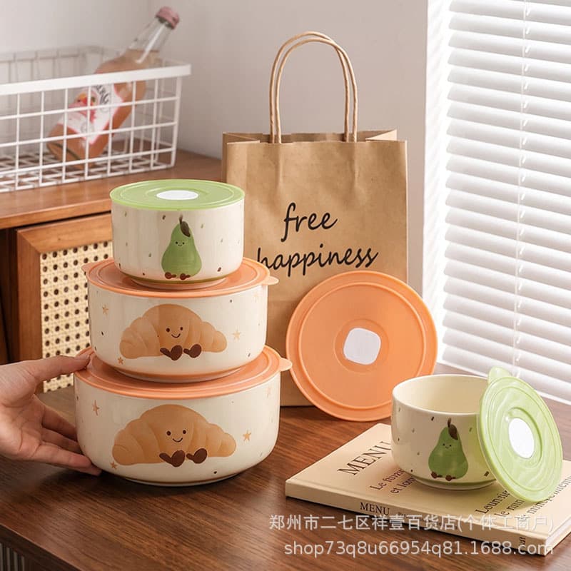 Weisi Ceramic Fresh-Keeping Bowl 3-Piece Set Opening Event Store Anniversary Gift Bank Business Souvenir Wholesale Group Buy