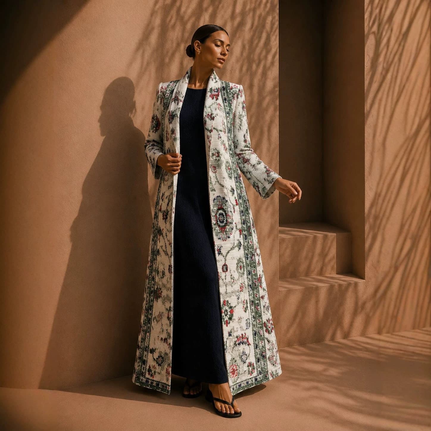 Miyake pleated fashion printed long windbreaker women's spring new lapel popular loose large size long-sleeved robe