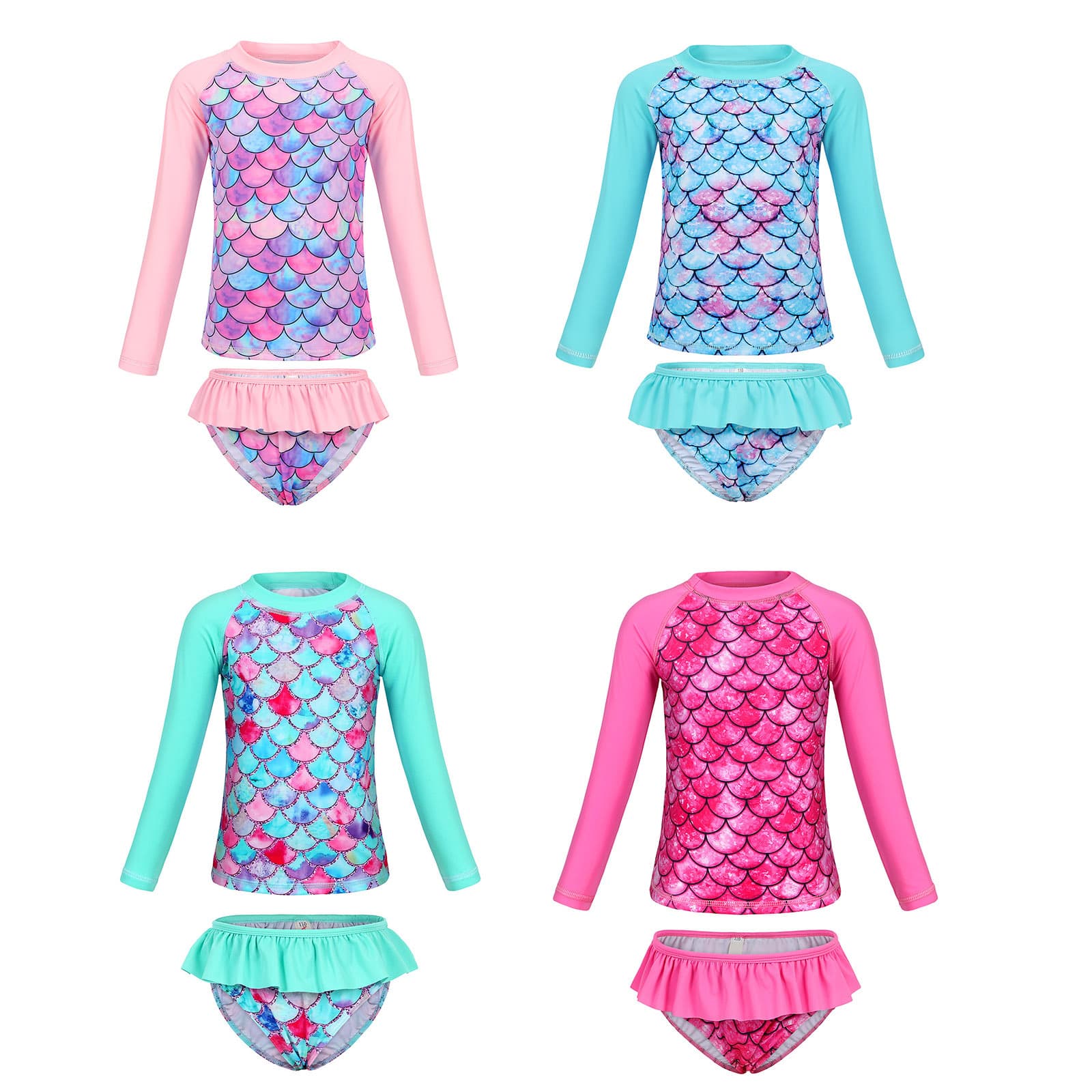 Cross-border European/American Children's Two-piece Long Sleeve Swimsuit, New Girls' Bikini Mermaid 3D Print Sun Protective Swimwear