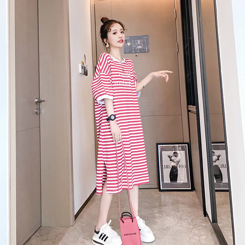 2024 Summer Korean Fashion Striped Dress for Women, Tummy Covering Long Style Short Sleeve Over Knee Loose Plus Size T-Shirt Dress