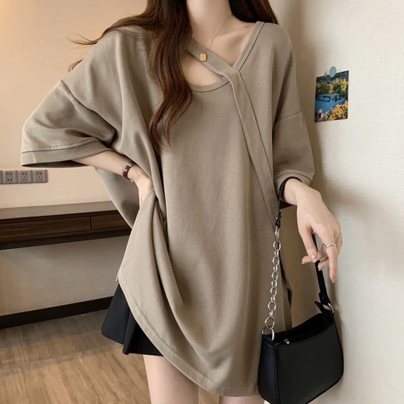 Mid-length short-sleeved T-shirt for women in summer, new style, loose and slim, large size design, dropped shoulder sleeves, bottoming shirt, top for women