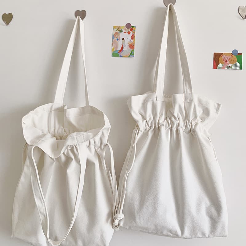 Drawstring Canvas Bag Handbag Solid Color Tote Lunch Bag Large Capacity Simple Cinch Lunch Box Bag Trendy Mom Bag