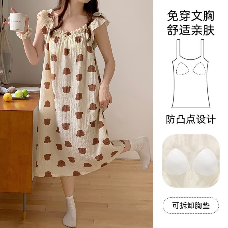 Summer nightdress women with chest pad small flying sleeve ins princess style cute loose mid-length summer strap pajamas women