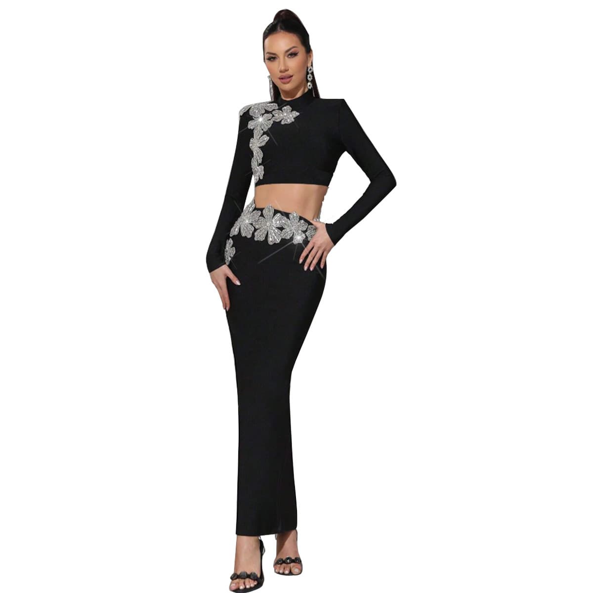 New European and American Fashion Rhinestone Bandage Dress Set, Long Sleeve Half Turtleneck Crop Top and Long Skirt Two-Piece Set for Women