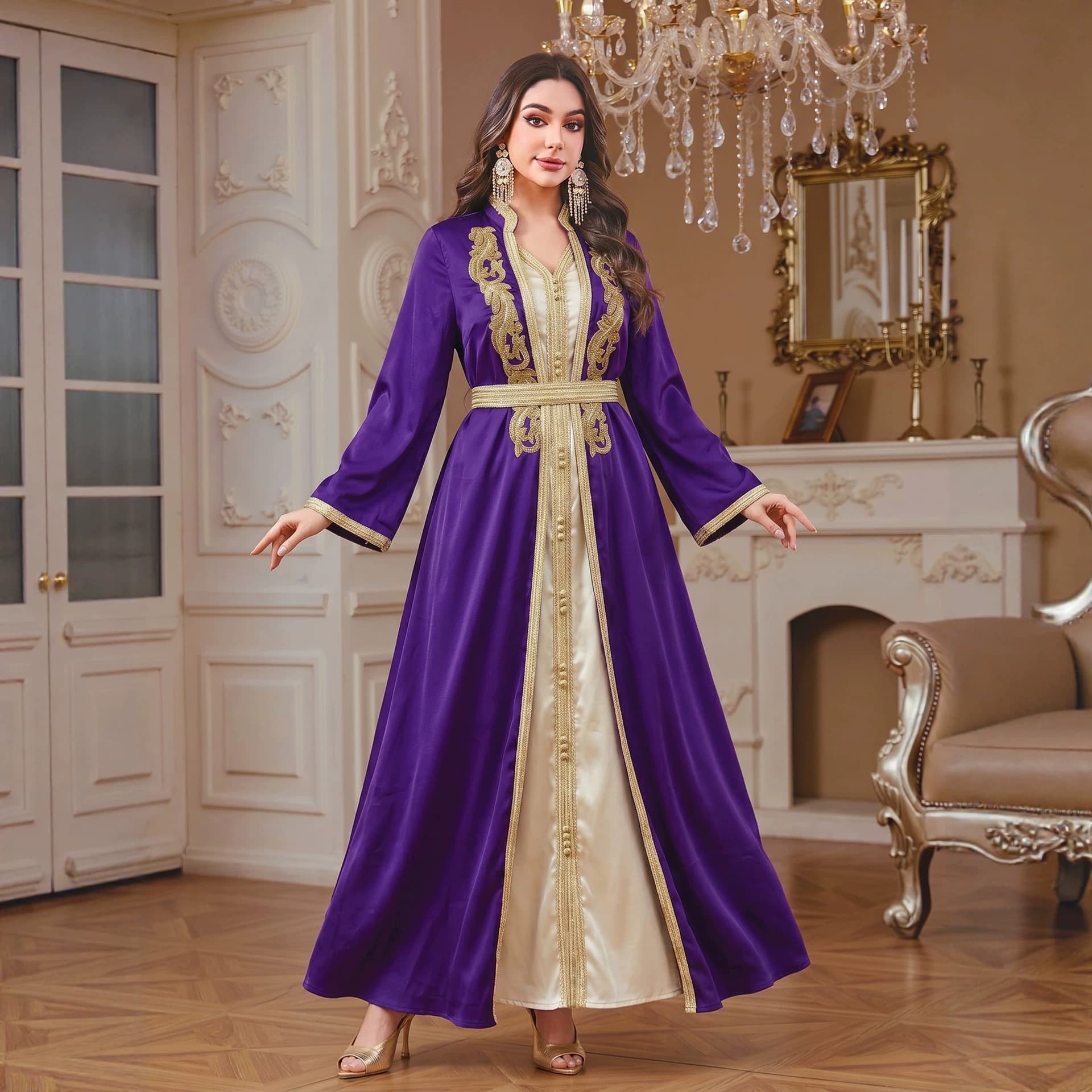 76091 cross-border women's new fashion fashion beaded embroidered lace dress two-piece robe long skirt