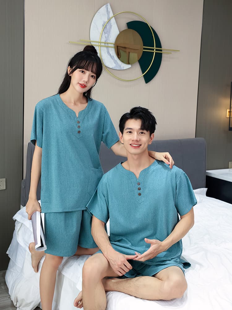 Bamboo Fiber Couple Pajamas - Men's Sweat-Absorbing, Foot Therapy & Bath Hotel Wear, Ramie Micro-Stretch Striped Large Size Home Loungewear for Women