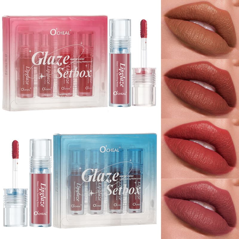 OCHEAL Cross-Border 4-Piece Lip Gloss Set, Moisturizing Velvet, Long-Lasting, Non-Stick Cup, Non-Fading Lip Gloss Lip Mud Set