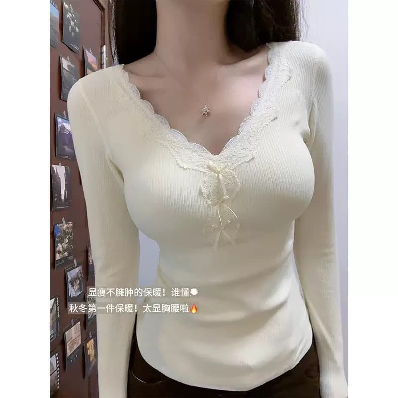 Lace V-Neck Velvet Base Shirt Women Autumn/Winter Inner Layer Short Top Slim Brushed Fleece Lined Warm T-Shirt