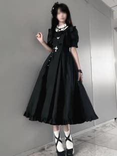 Japanese-style light lolita daily dress, cla-style long dress, black waist-cinching elegant dress, short sleeves, large swing skirt