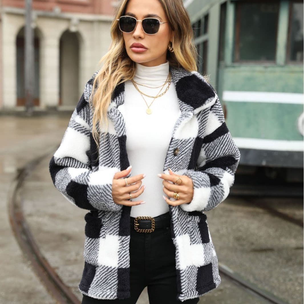 Flash fleece, European and American fashion autumn/winter women's clothing, collar long sleeve mid-length plaid single-breasted double-sided fleece casual coat.