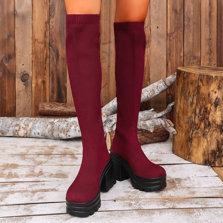 Platform Slimming Plus Size Thick Heel High Heel Fly Knit Chunky Heel Cross-border Over-the-Knee Socks Autumn Export Round Toe Slim Boots Women