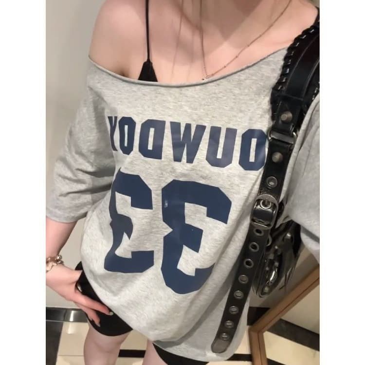 【Cotton】American-style Spicy Girl Off-Shoulder Short Sleeve T-Shirt Summer Loose One-Shoulder Design Sense Niche Top