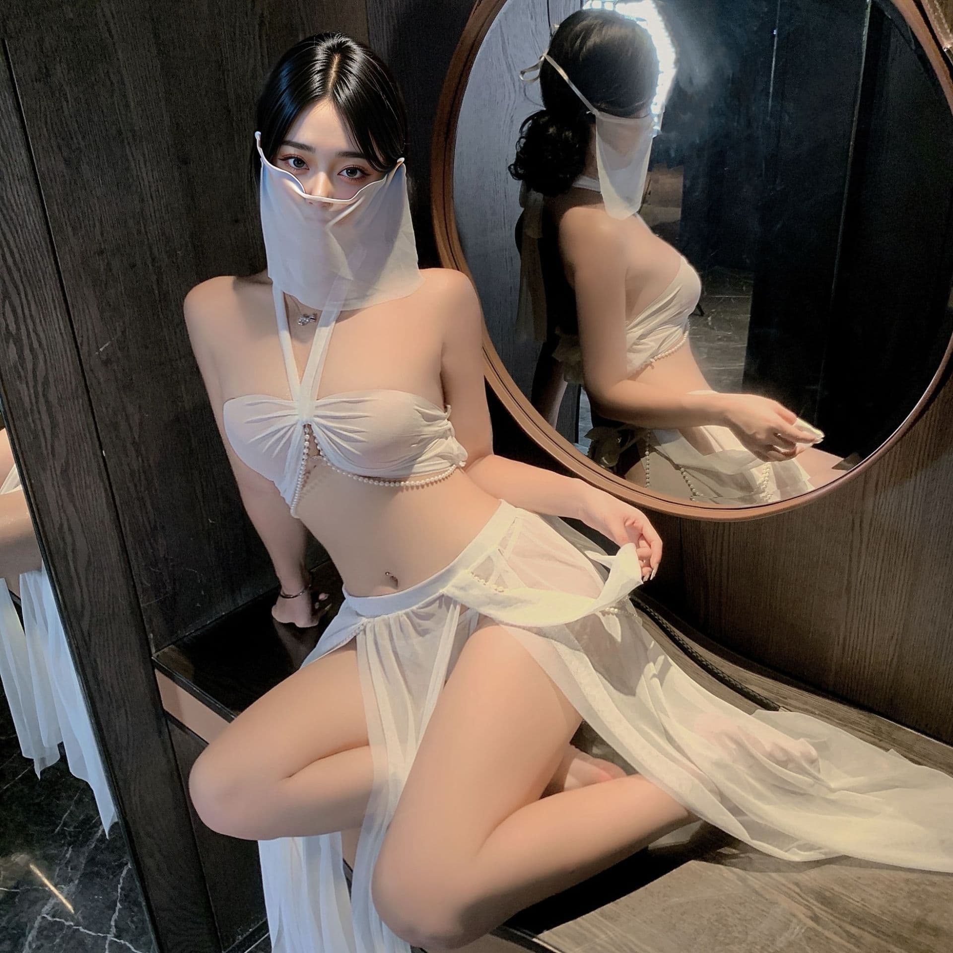 Sexy Lingerie No-Removal Western Style Pearl Mesh Sheer Ancient Style Women's Long Dress Set Flirting Sexy Clothing