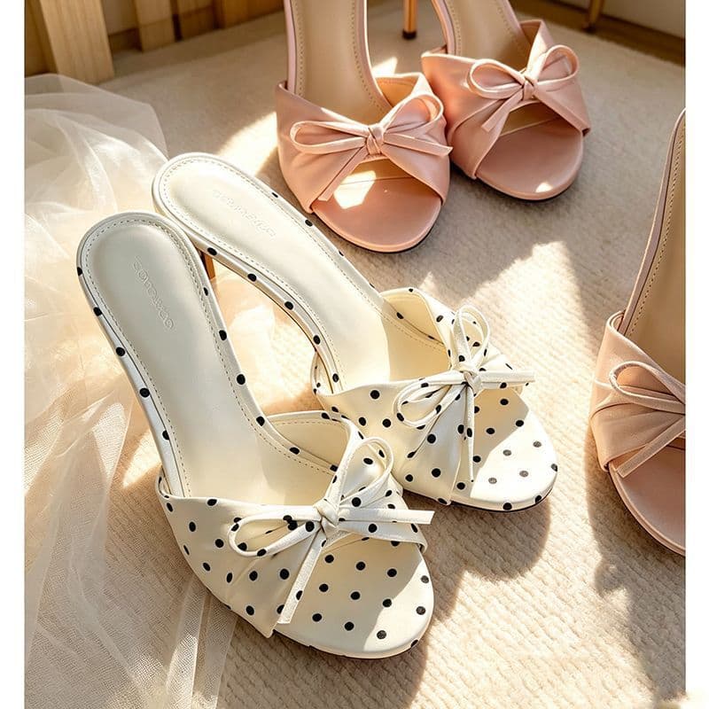 French polka-dot bow satin stiletto flip-flops for women's summer outer wear 2026 new style with skirt and high-heeled sandals