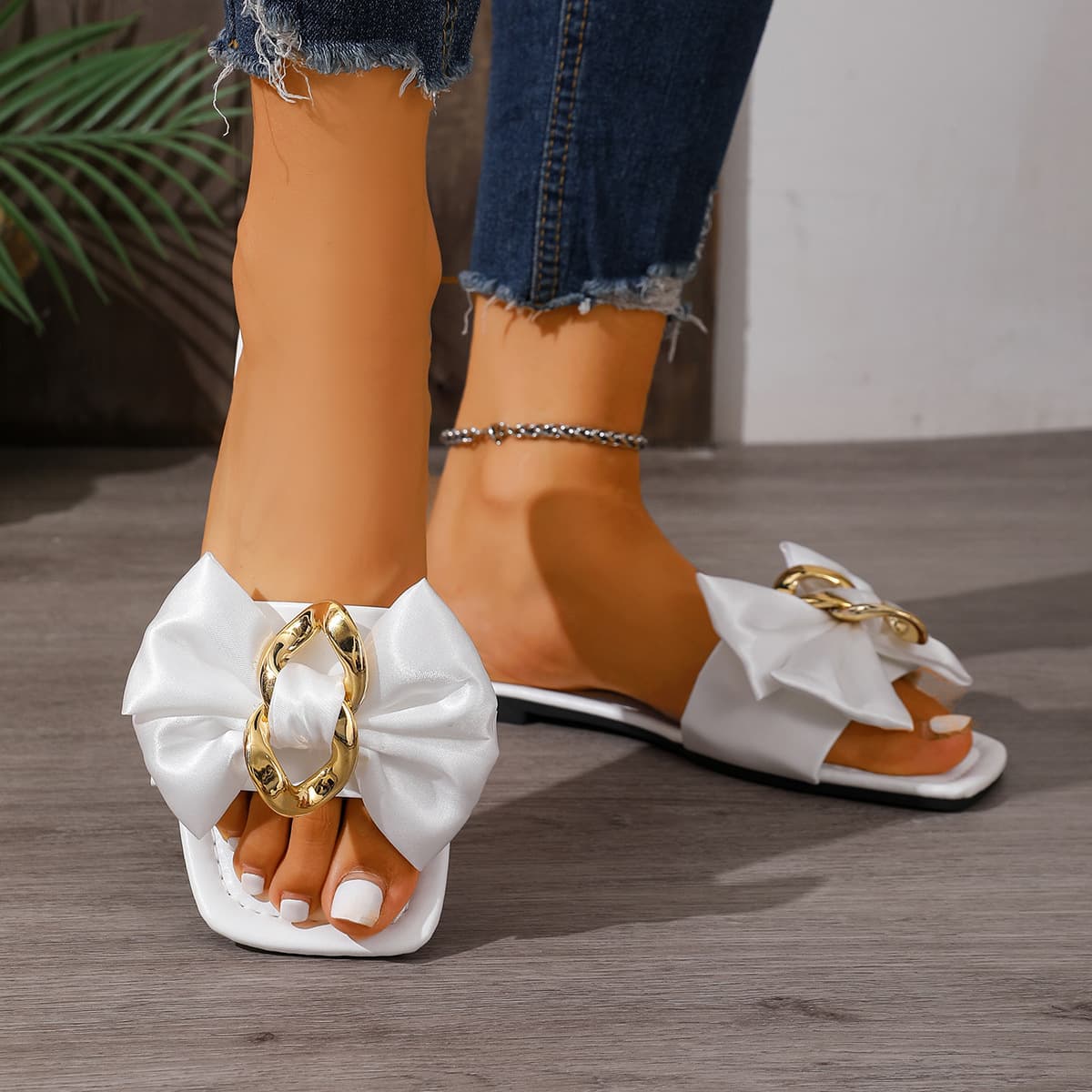 Cross-border Trade 2025 Autumn New Fairy Style Open-Toe Sandals European and American Bow Flat Slippers Wholesale