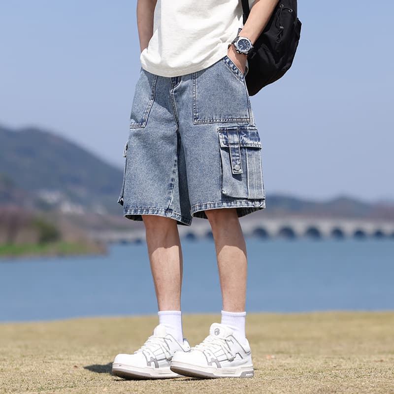 JYF-C2386 Men's Summer Cargo Shorts, Thin Style, Trendy, Cool Denim Shorts, Loose Fit, Five-Point Pants
