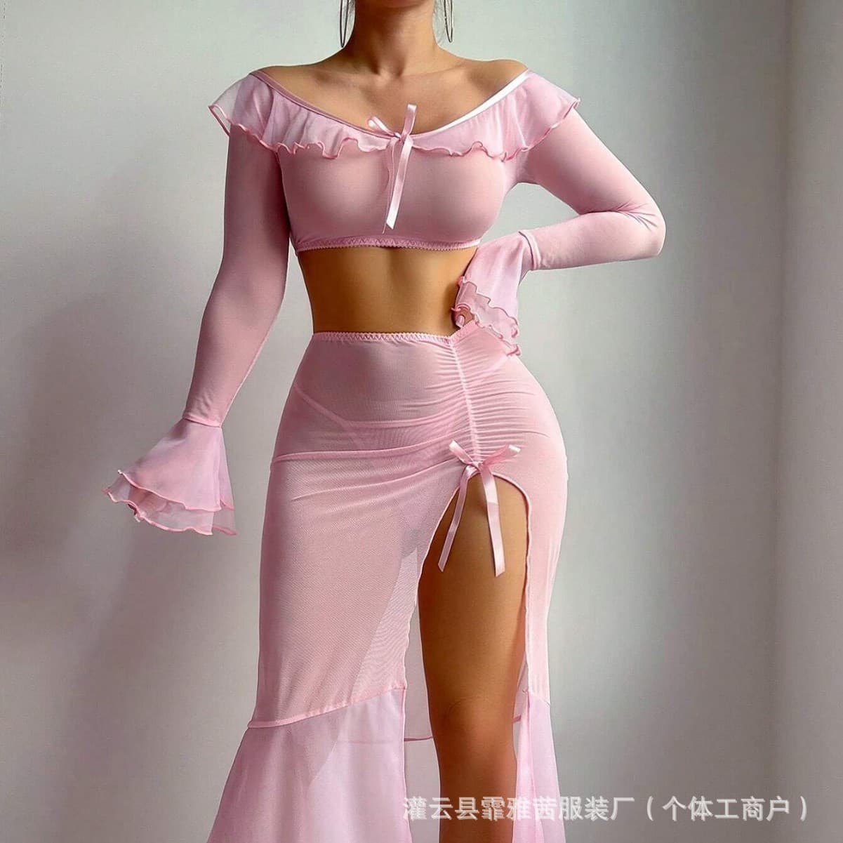 Plus Size Lingerie for Women Sheer Mesh Sleepwear Seductive Costume High Slit Long Dress Sexy Set