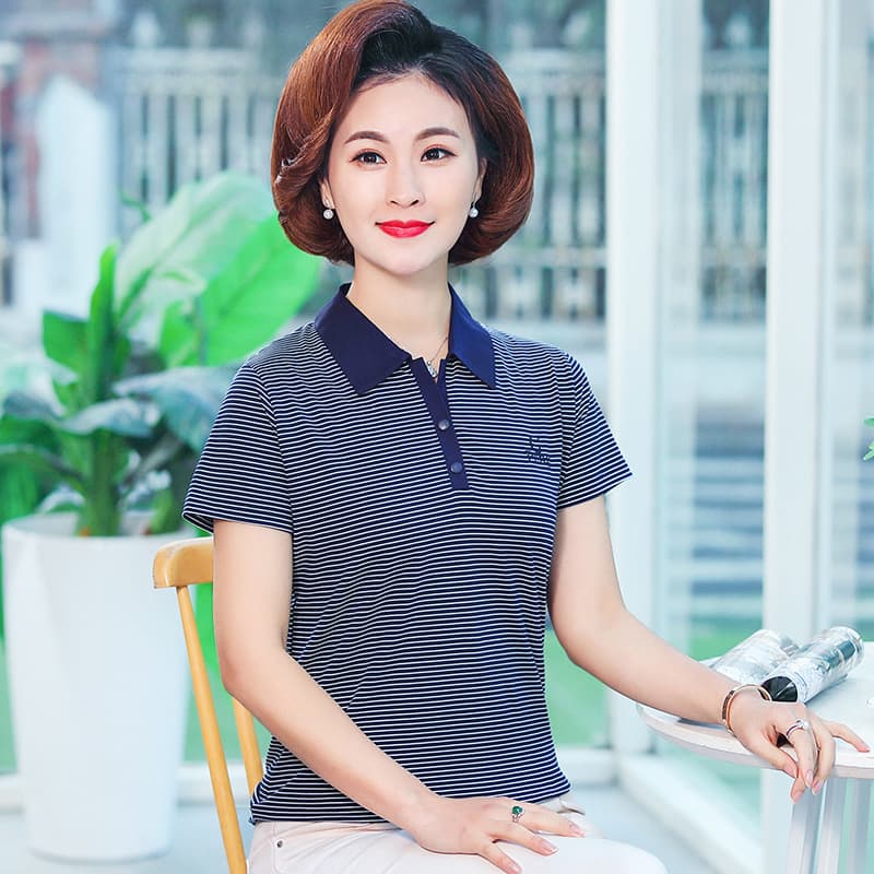 Summer Short Sleeve T-Shirt for Middle-Aged Women, Mother's Summer Wear, Striped Cotton Polo Shirt, Casual Top
