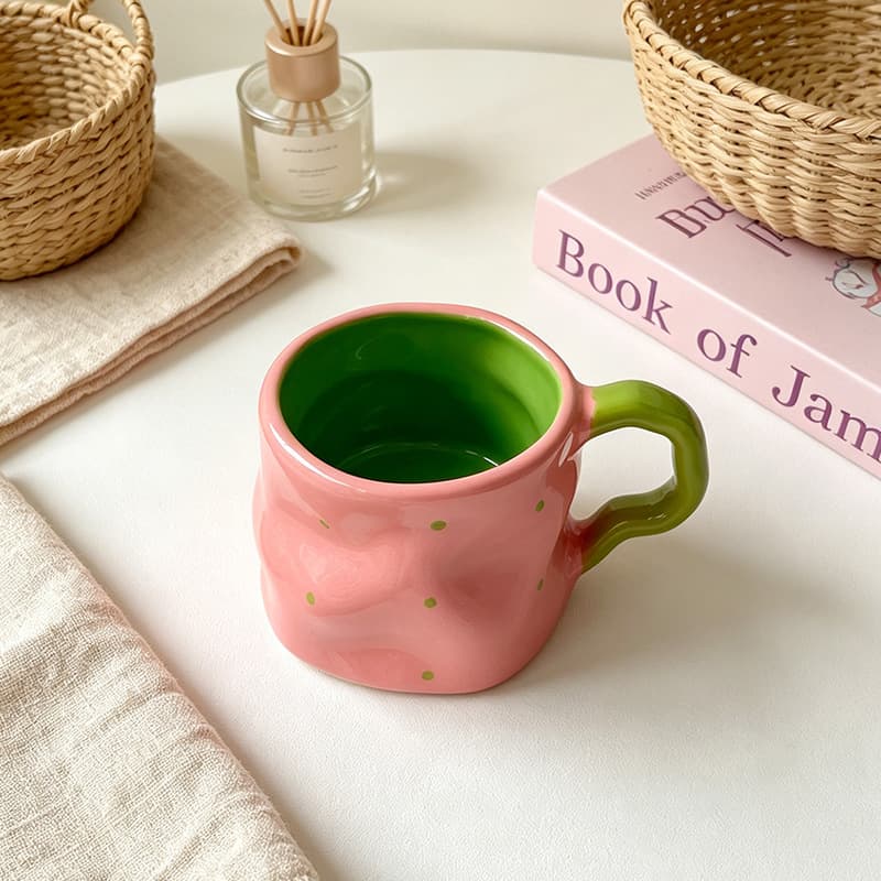 Creative Contrast Color Polka Dot Crinkled Ceramic Mug and Saucer Set Household Coffee Cup and Plate Gift Tableware Wholesale
