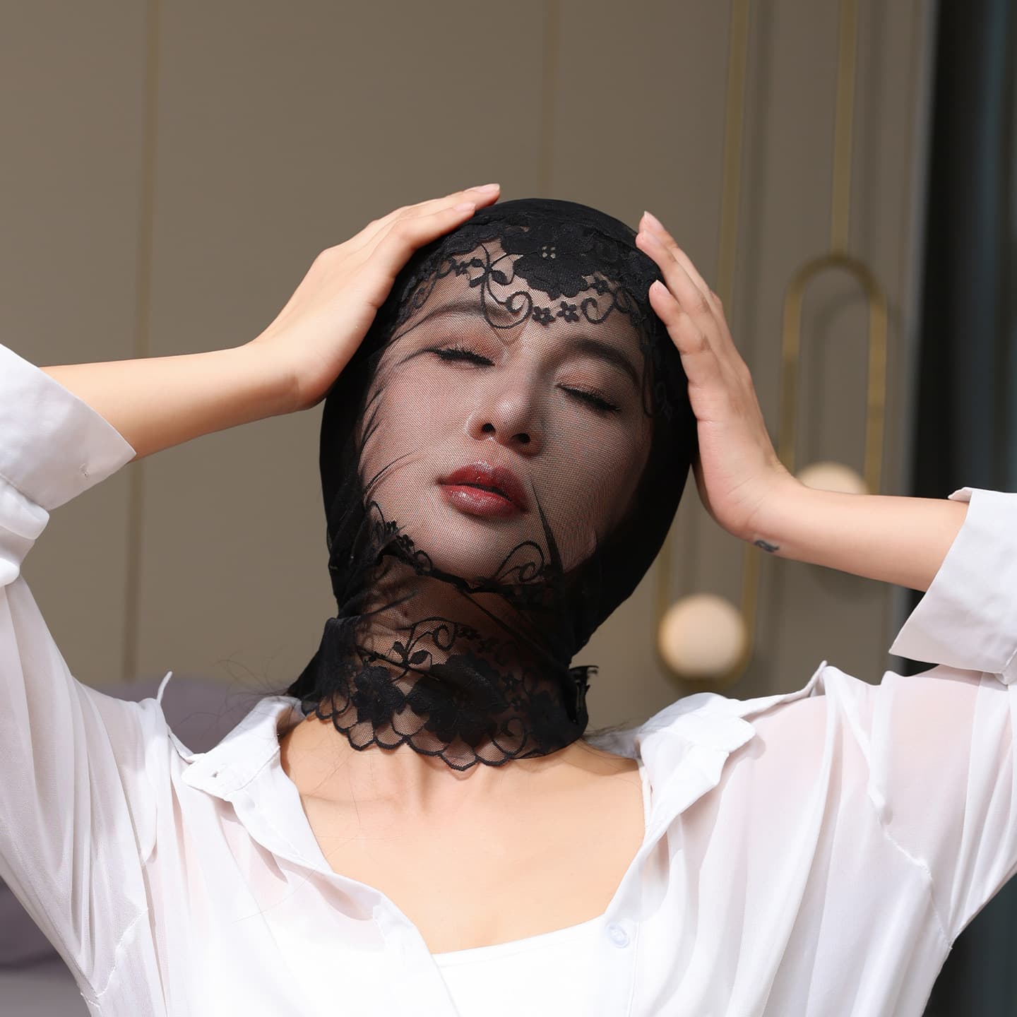 Sexy Lace Hooded Headgear with Elastic Full Coverage Mask, Seductive Mood-Enhancing Stockings Hooded Headgear, Unisex Style