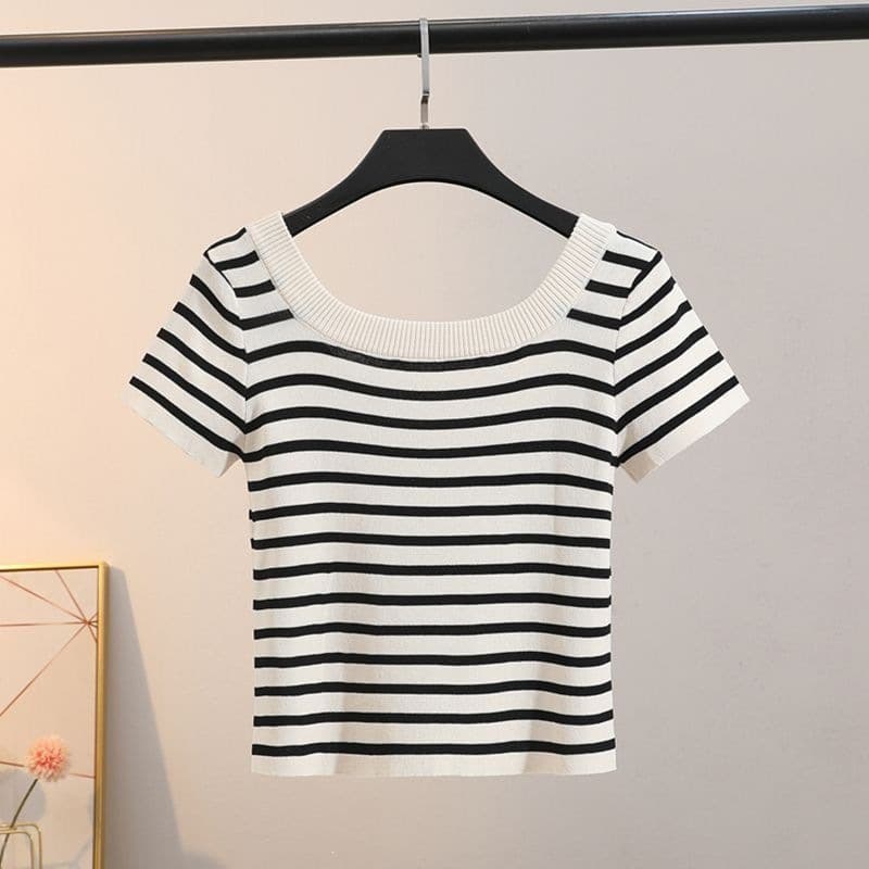 Striped T-Shirt for Women Summer 2026 New Fashionable Short Sleeve U-Neck Ice Silk Knit Crop Top
