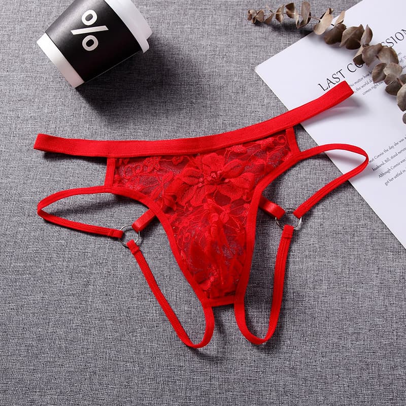 Men's Lace Sexy Transparent Seductive Thong T-Back Open-Crotch Low-Rise Hollow Pouch Underwear M1407#