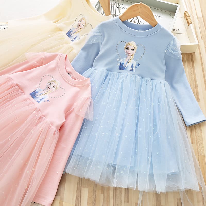 Girls' dress, 2025 autumn/winter, baby cotton long-sleeved mesh dress, little girl star Elsa princess dress