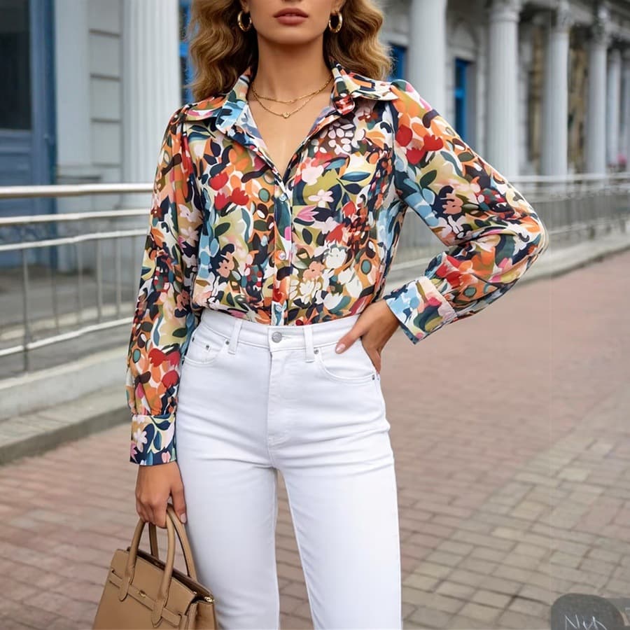Printed Long Sleeve Blouse for Women, European-American Style, Floral Pattern, Turn-Down Collar, Casual Office Top, New Arrival