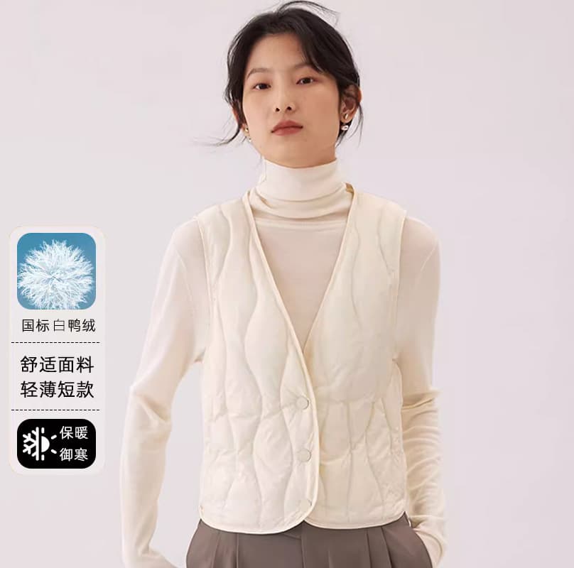 Winter New Women's Lightweight Down Vest, Slim-fit V-Neck Base Layer, Warm for Indoor Wear or Outer Layer, Short Solid Color Sleeveless Jacket
