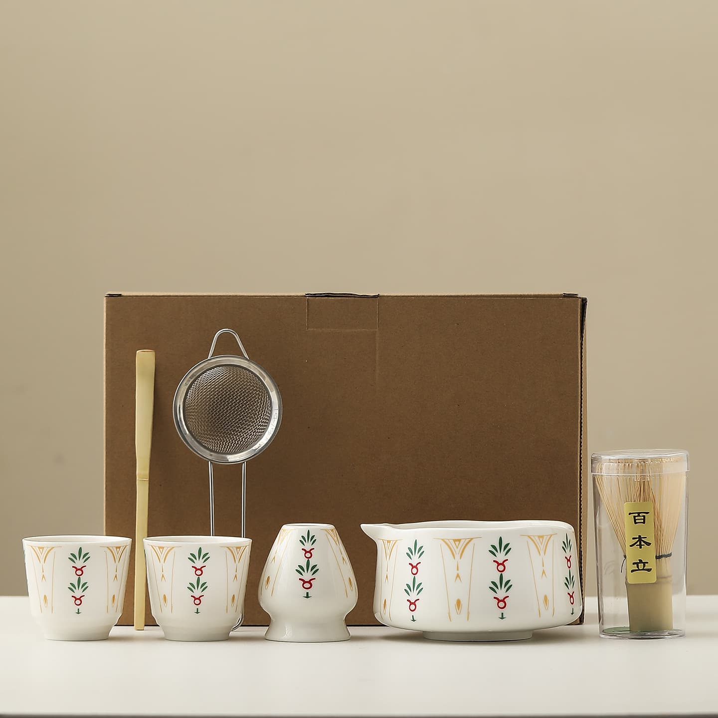 Cross-Border Exclusive Middle East Palm Tree Decal Matcha Bowl Set with Spout, Tea Whisk Stand, Song Dynasty Tea Ceremony Gift