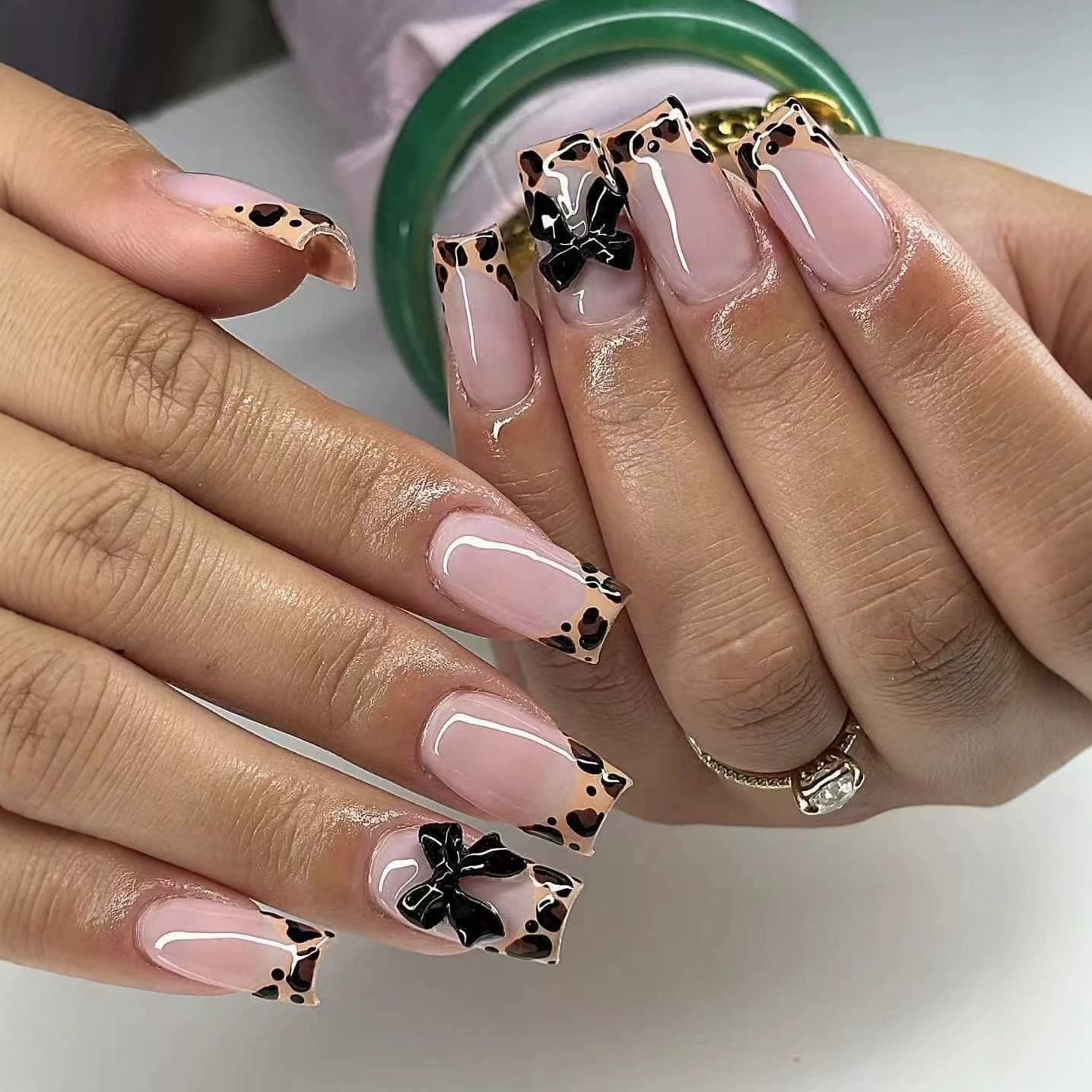 European and American wearable nails medium square nude powder French leopard print black bow manicure fake nails finished product 24 pieces