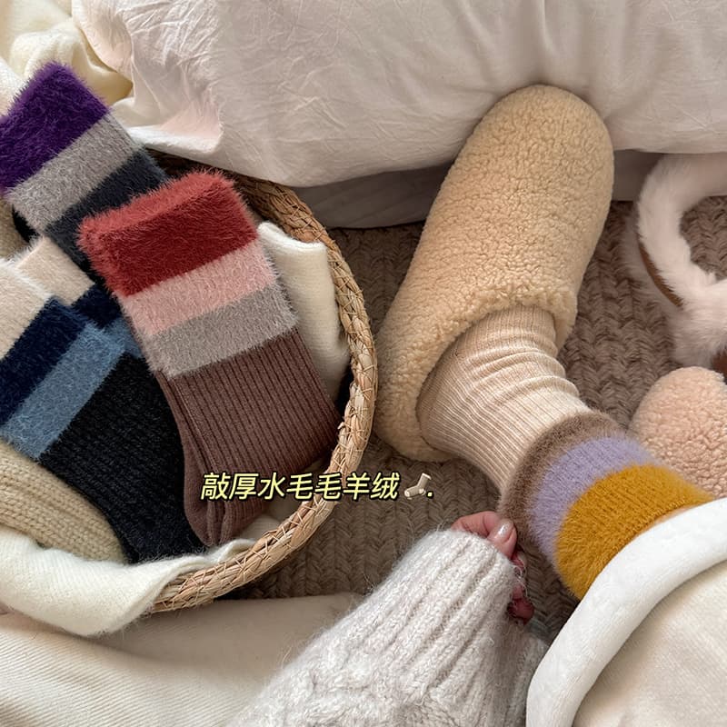 Matian Diary "Luokou Mink Fur Spliced Cashmere Socks Women's Mid-Calf Socks Autumn and Winter Thickened Velvet Warm Pile Socks