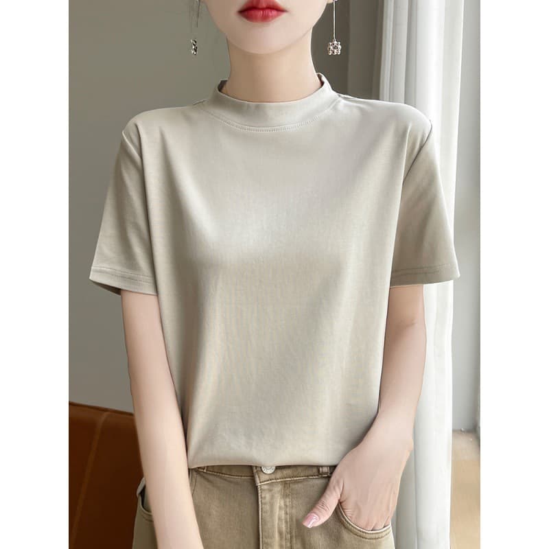 Minimalist Design Pure Cotton Plus Size T-Shirt for Women, Summer Short-Sleeve, Half-High Mandarin Collar, Loose Fit, Vertical Collar, Half-Sleeve Top