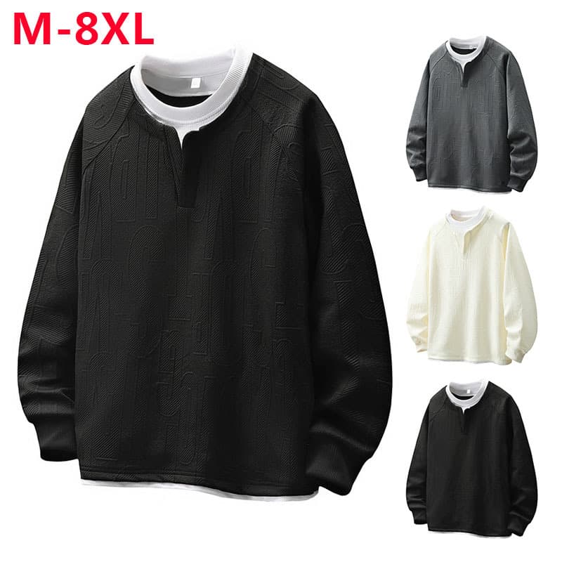 M-8XL Large Size High-End Fake Two-Piece Sweatshirt Men's Long Sleeve T-Shirt Spring/Autumn 2025 New Style Trend Brand Versatile
