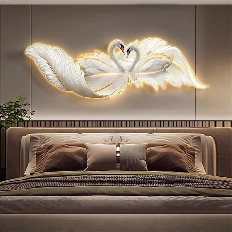 Light luxury feather bedroom horizontal bedside painting warm master bedroom high-end modern living room LED light decorative painting