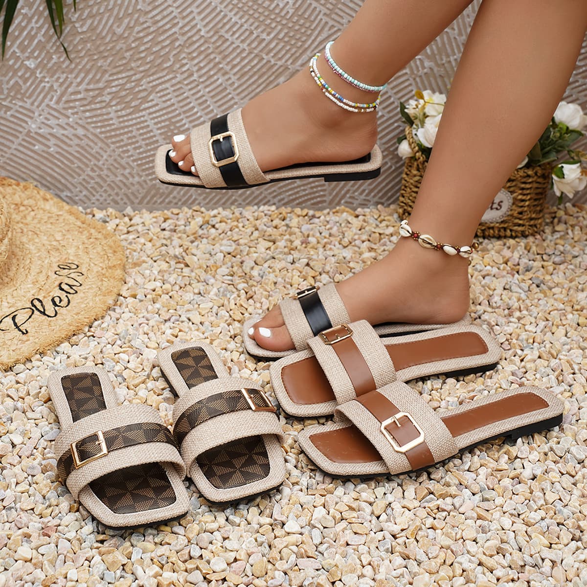 European and American cross-border large size 2026 new style slippers fashion casual one-word buckle flat bottom one-word beach sandals and slippers for women