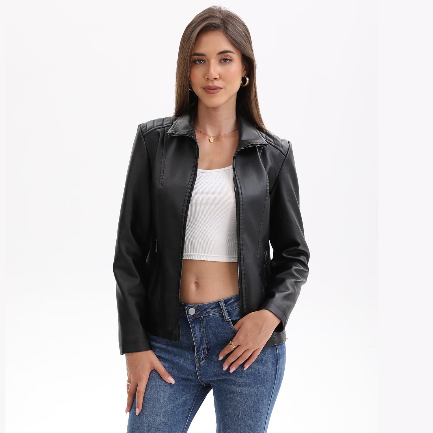 European and American Fashion Women's Leather Jacket Cross-Border Leather Jacket New Short Jacket Knitted Splicing Elastic Jacket European Size